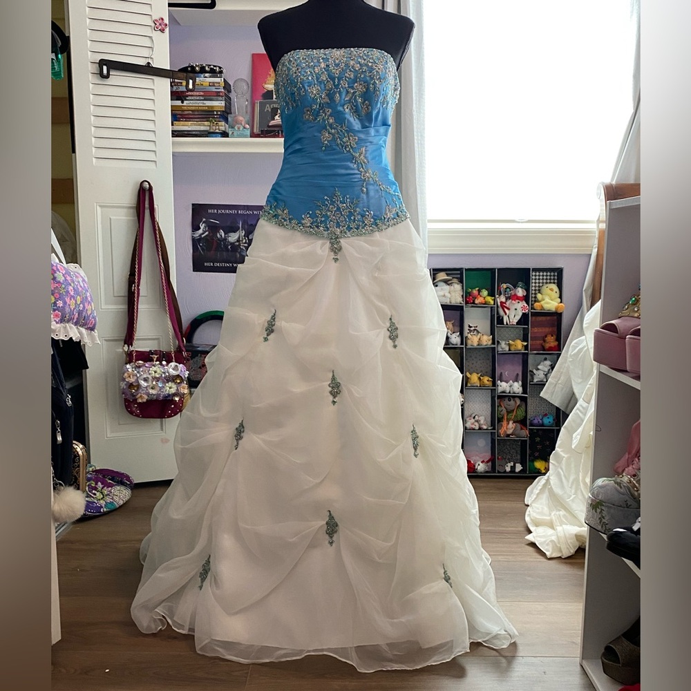 Elegant Blue and White Gown with Floral Embroidery